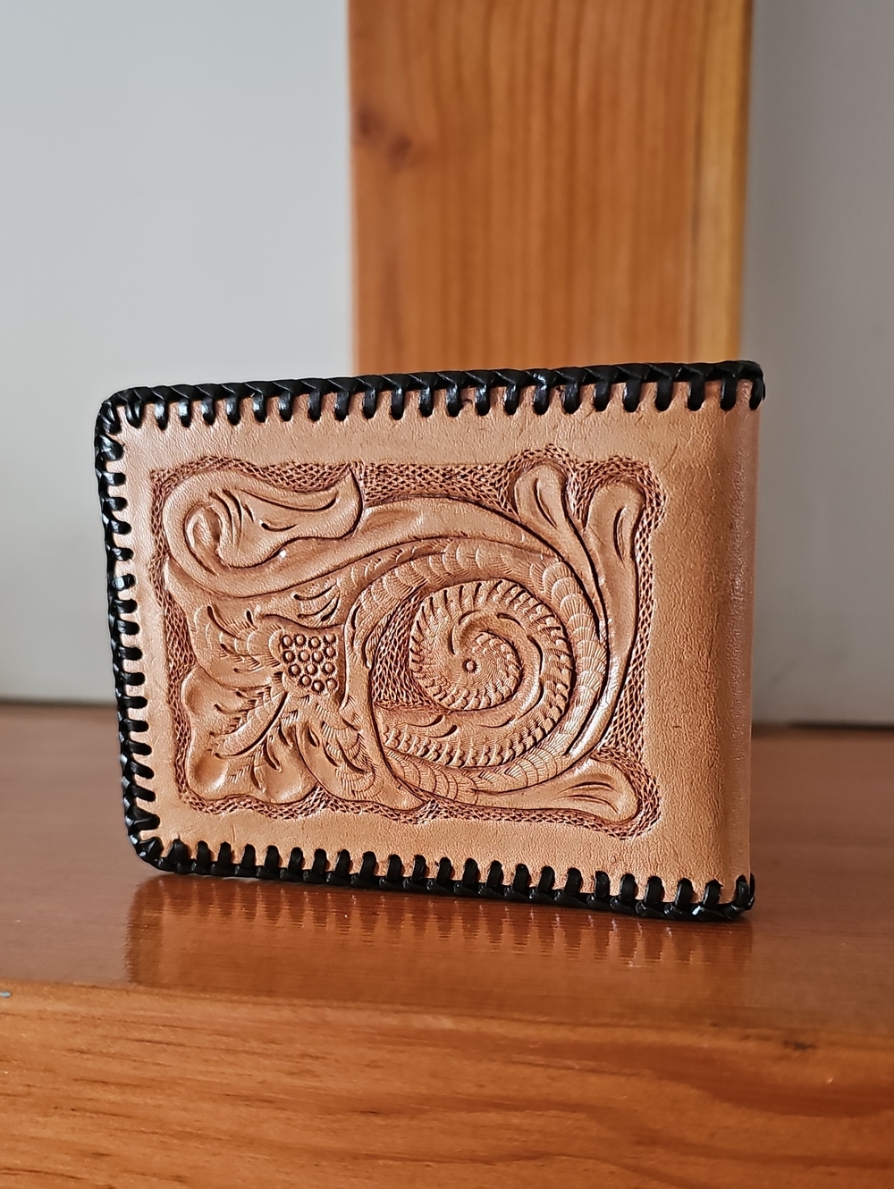 Hand-Tooled Leather Bifold Wallet in Tan with Black Trim